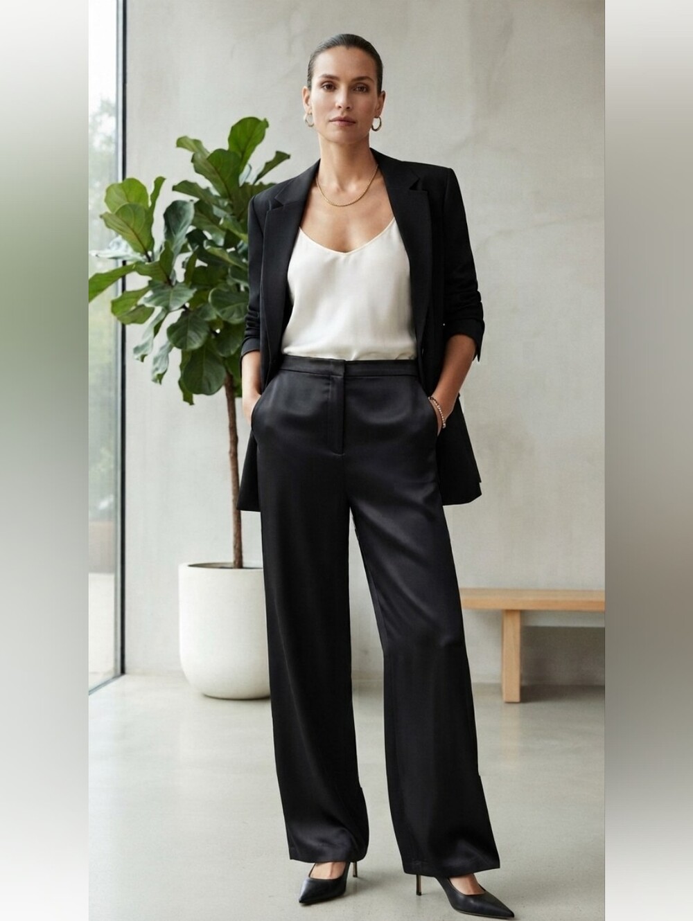 Zara High Waisted Satin Wide Leg Pants Sz M Black